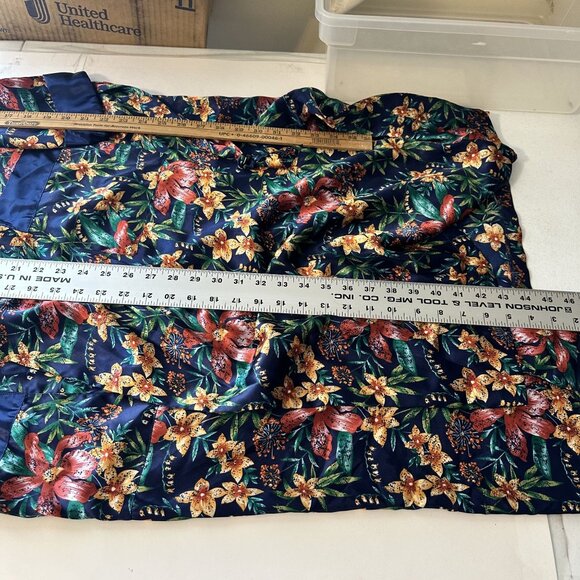 Vtg Womens Floral Satin Robe Belt Navy Blue Medium Pockets Tie Long - Picture 5 of 8